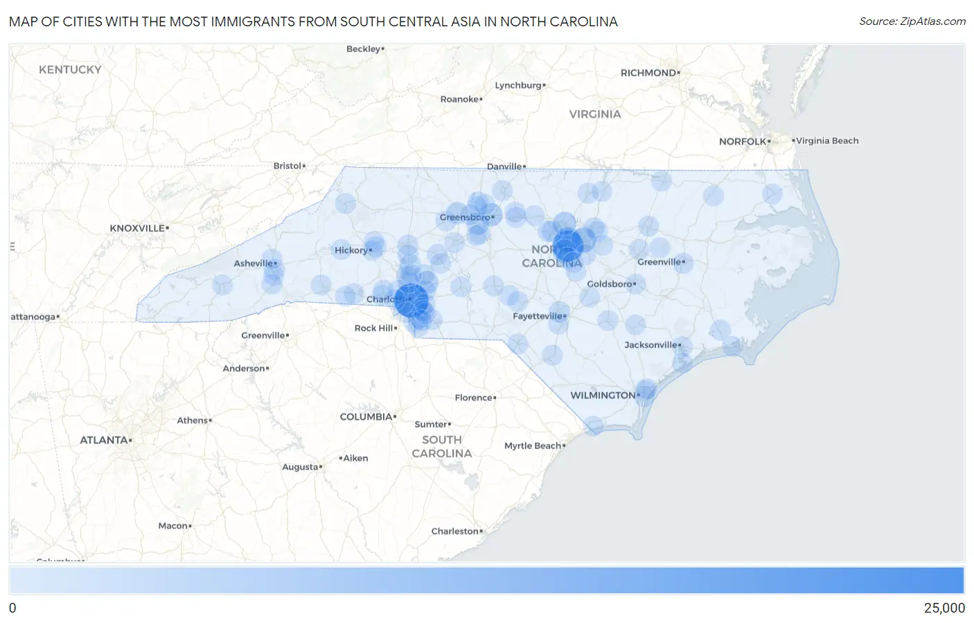 Cities with the Most Immigrants from South Central Asia in North Carolina Map