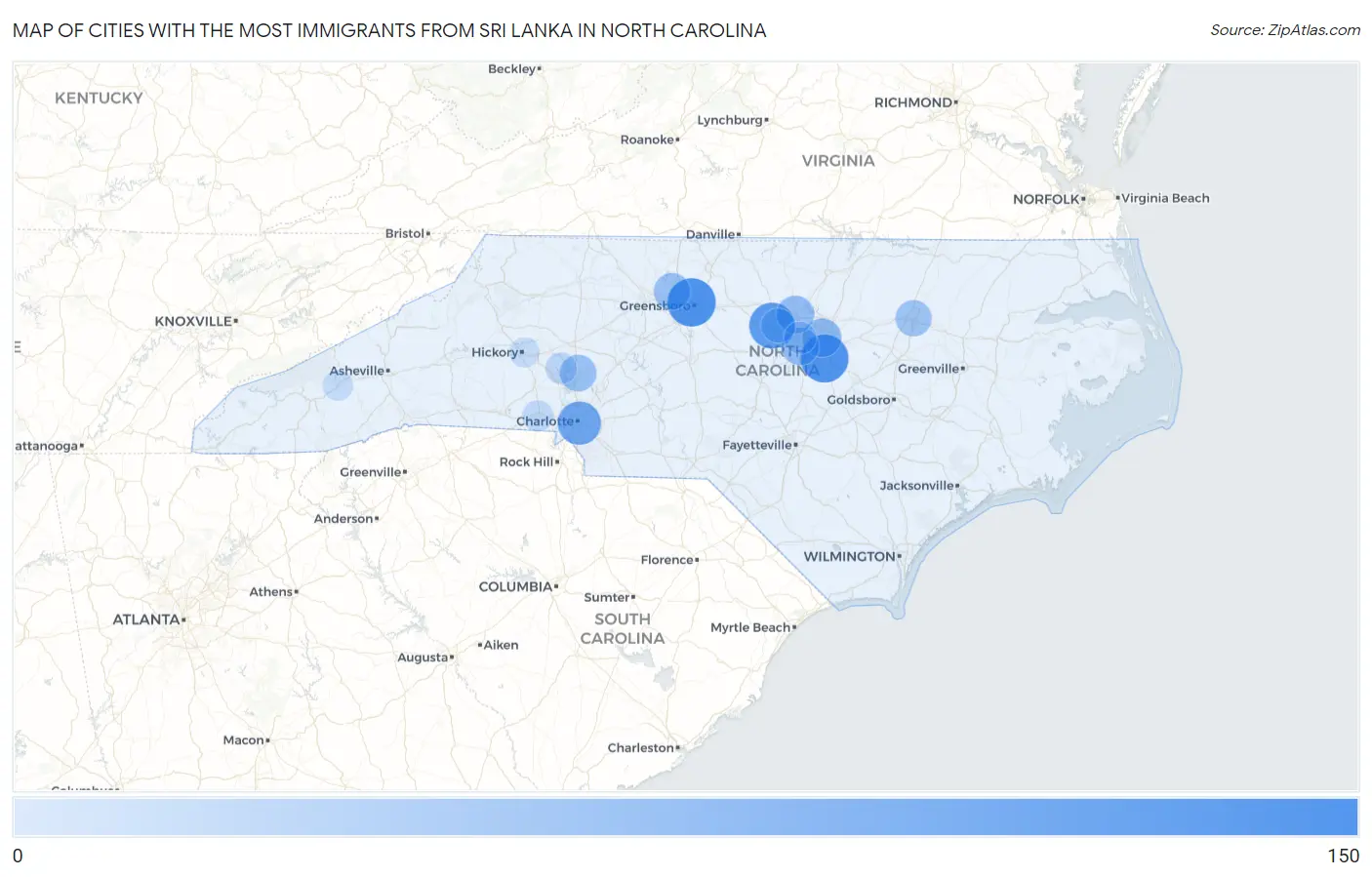 Cities with the Most Immigrants from Sri Lanka in North Carolina Map