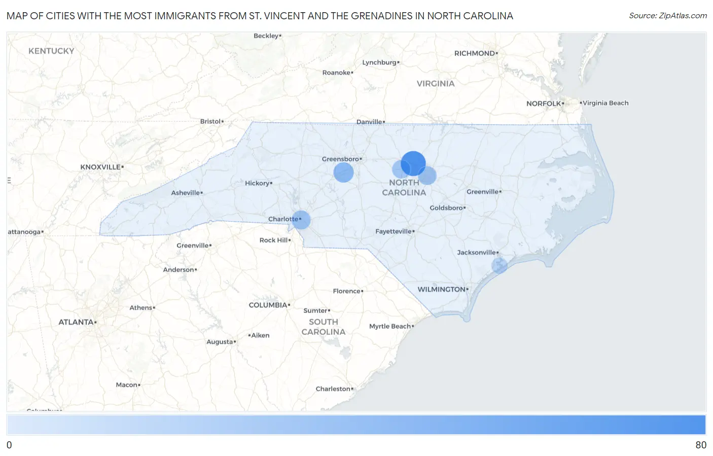 Cities with the Most Immigrants from St. Vincent and the Grenadines in North Carolina Map