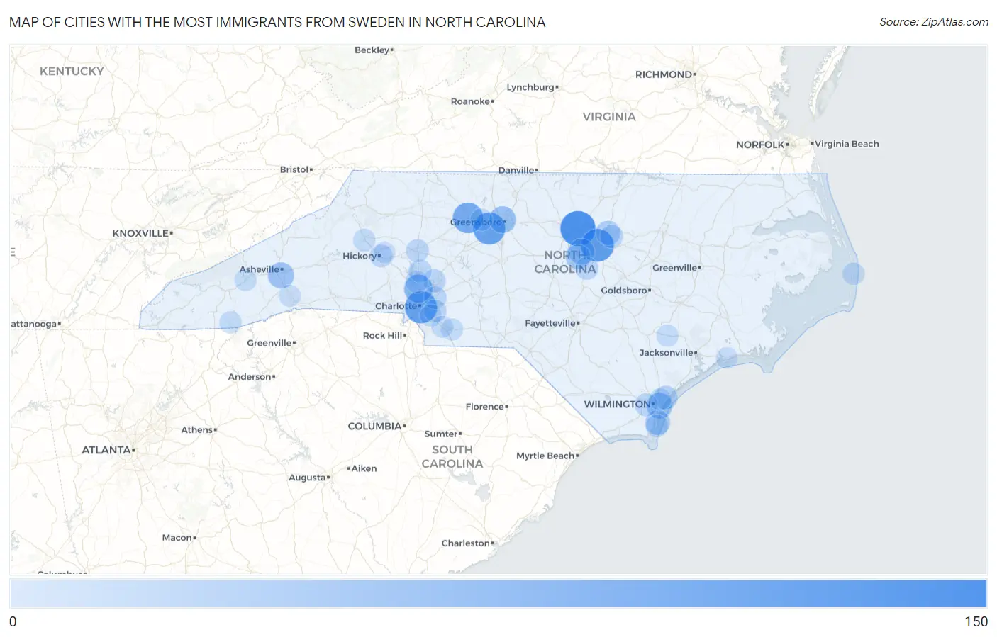 Cities with the Most Immigrants from Sweden in North Carolina Map