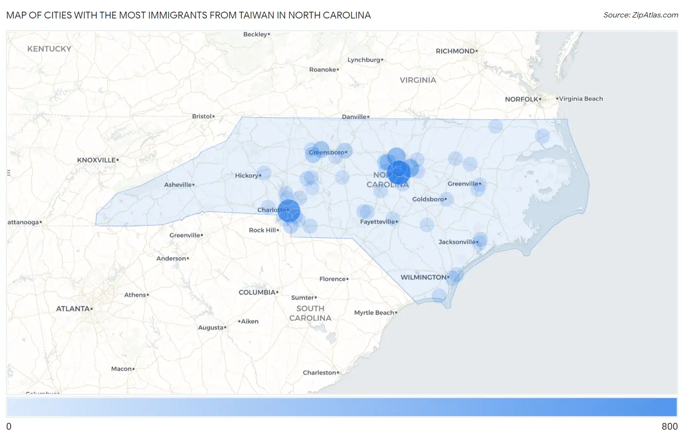 Cities with the Most Immigrants from Taiwan in North Carolina Map