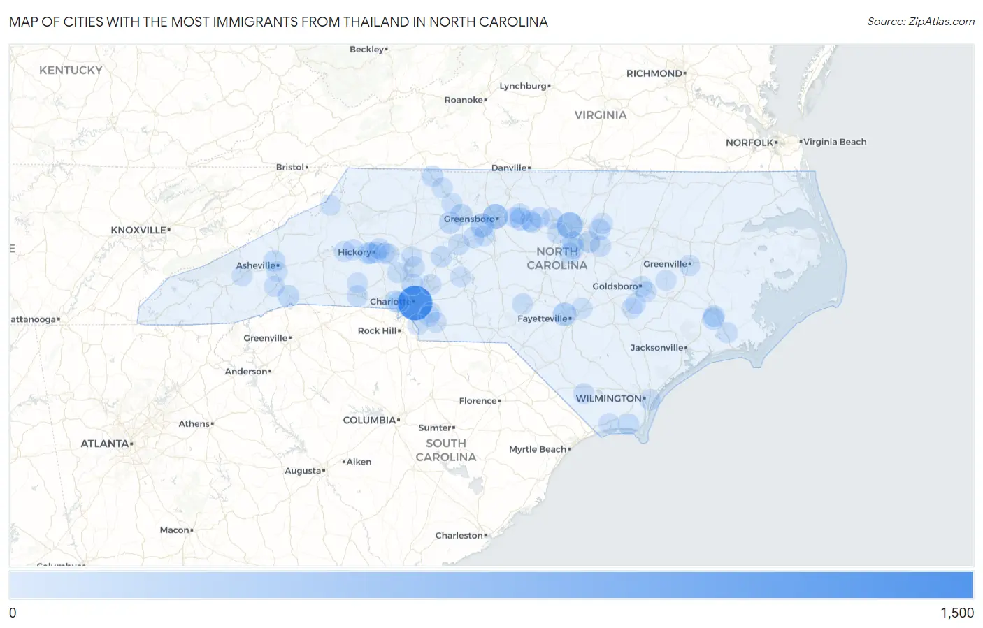 Cities with the Most Immigrants from Thailand in North Carolina Map