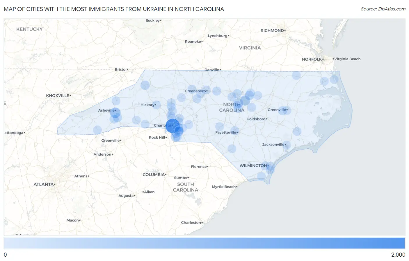 Cities with the Most Immigrants from Ukraine in North Carolina Map
