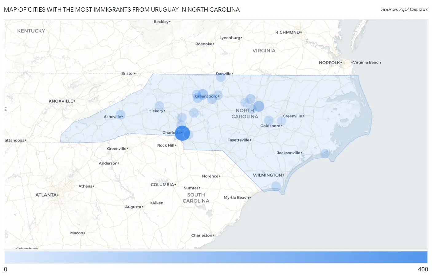 Cities with the Most Immigrants from Uruguay in North Carolina Map