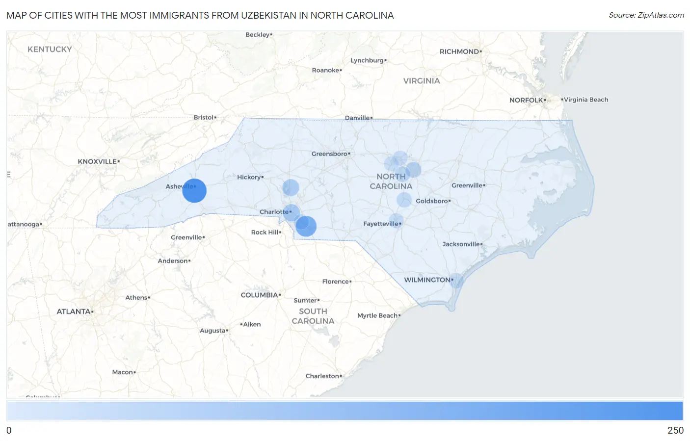 Cities with the Most Immigrants from Uzbekistan in North Carolina Map