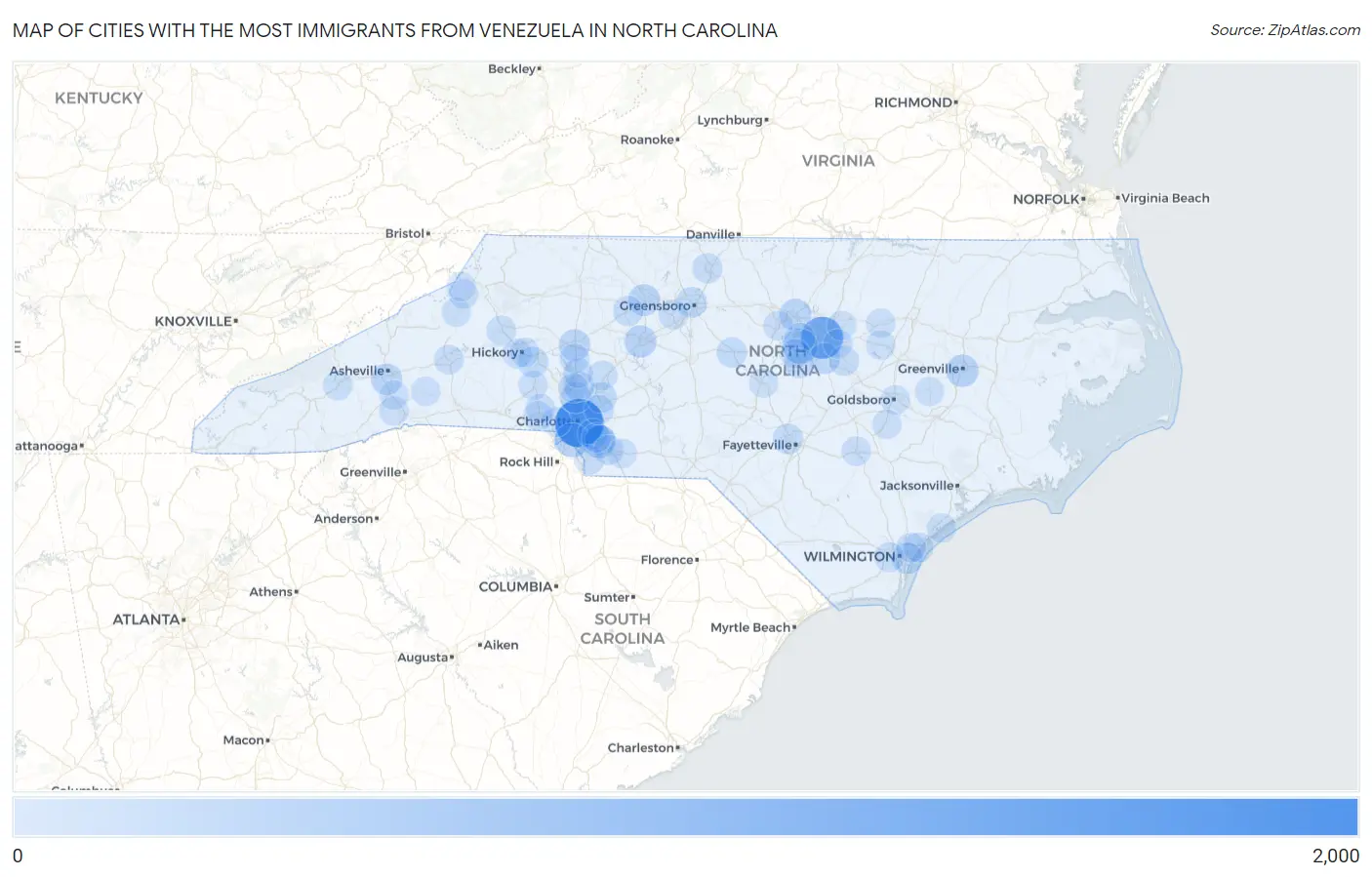 Cities with the Most Immigrants from Venezuela in North Carolina Map