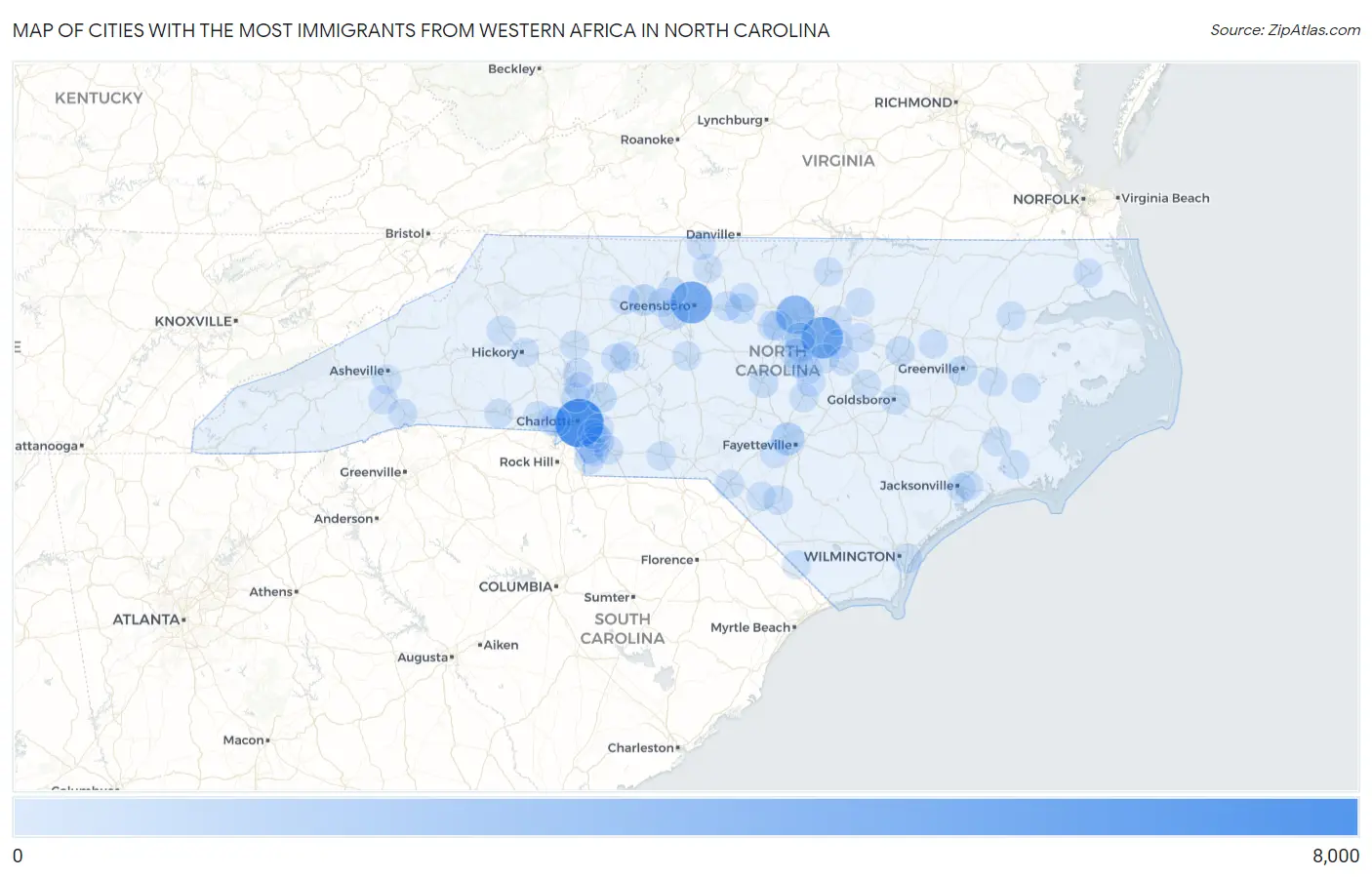 Cities with the Most Immigrants from Western Africa in North Carolina Map