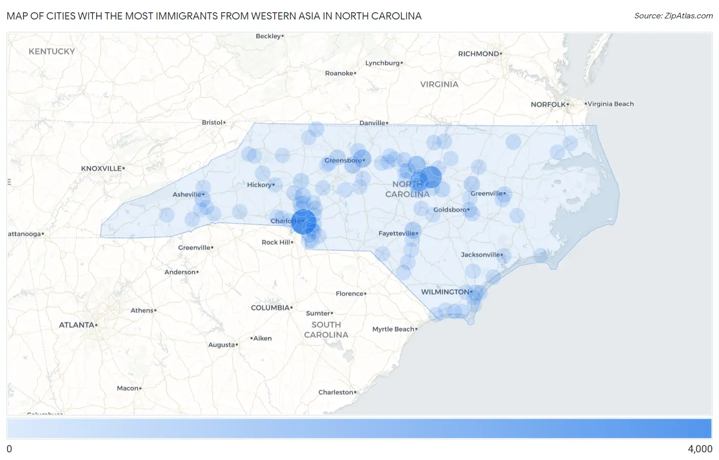 Cities with the Most Immigrants from Western Asia in North Carolina Map