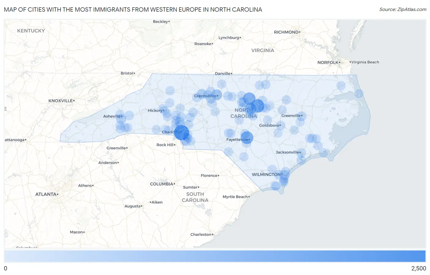 Cities with the Most Immigrants from Western Europe in North Carolina Map