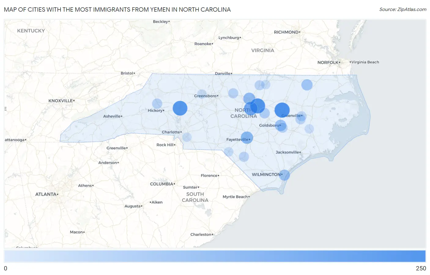 Cities with the Most Immigrants from Yemen in North Carolina Map