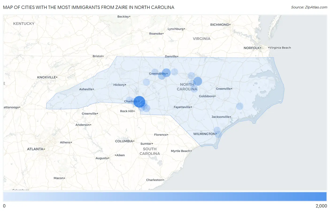 Cities with the Most Immigrants from Zaire in North Carolina Map