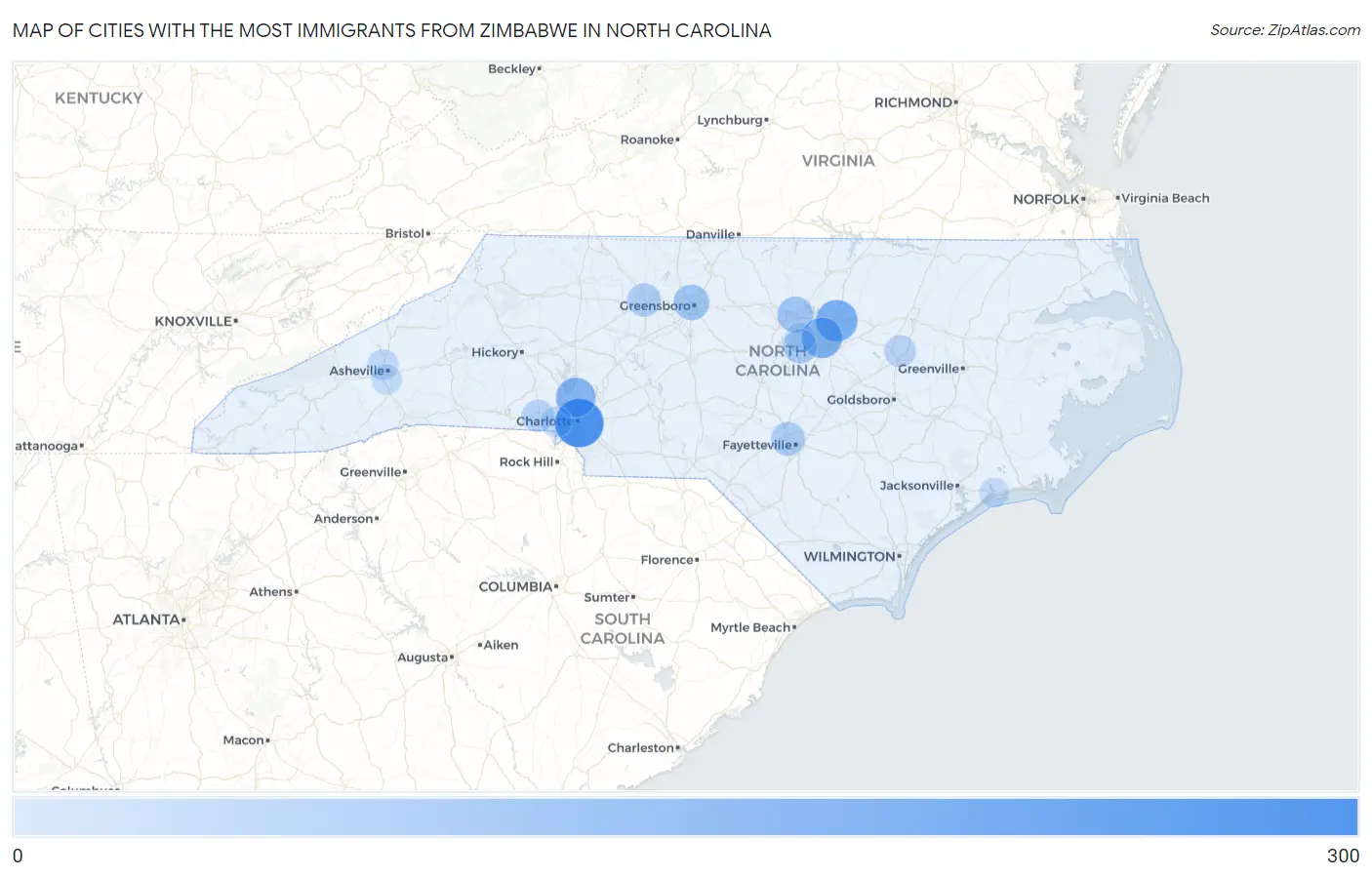 Cities with the Most Immigrants from Zimbabwe in North Carolina Map