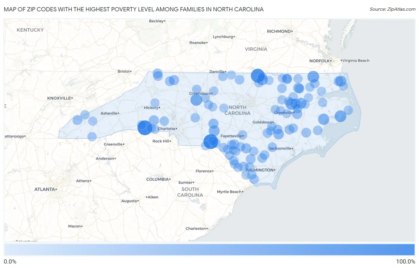 Zip Codes with the Highest Poverty Level Among Families in North Carolina Map