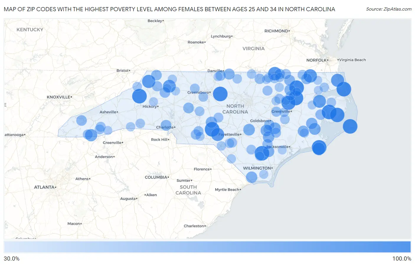 Zip Codes with the Highest Poverty Level Among Females Between Ages 25 and 34 in North Carolina Map