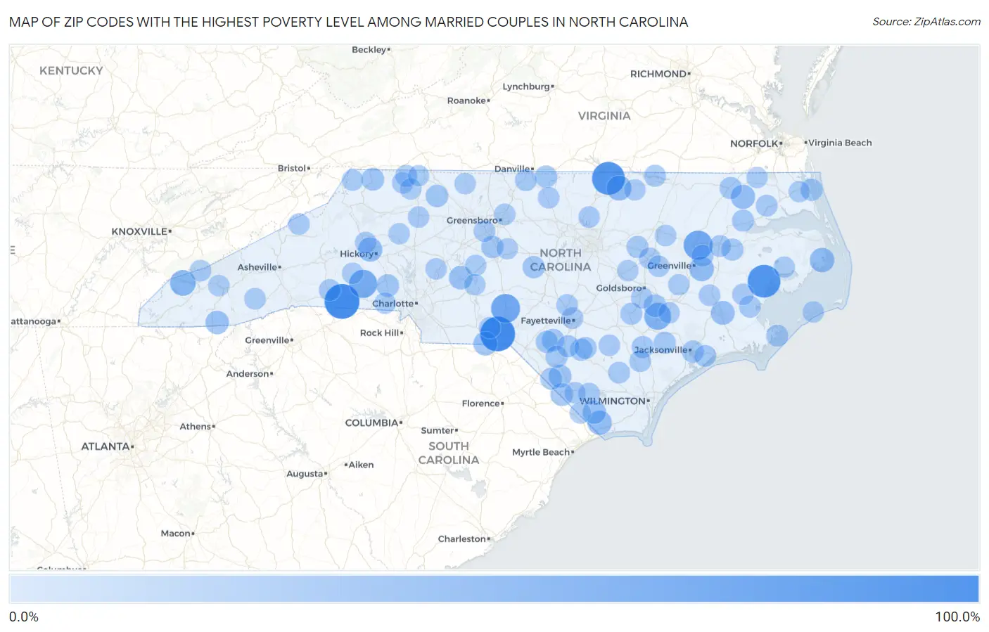 Zip Codes with the Highest Poverty Level Among Married Couples in North Carolina Map