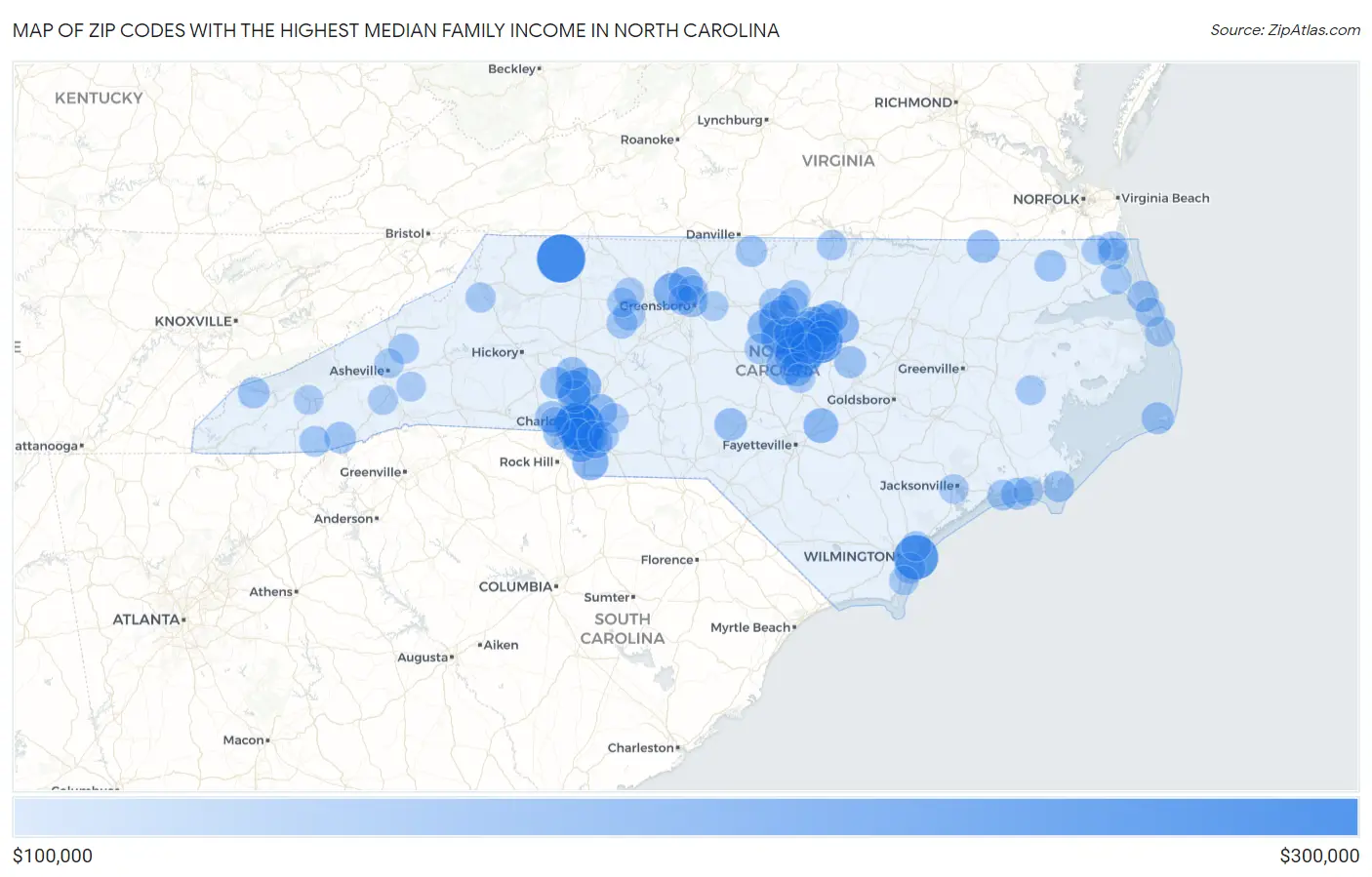 Zip Codes with the Highest Median Family Income in North Carolina Map