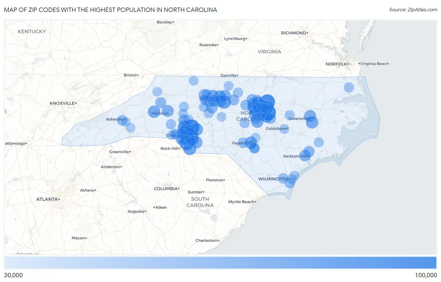 Zip Codes with the Highest Population in North Carolina Map
