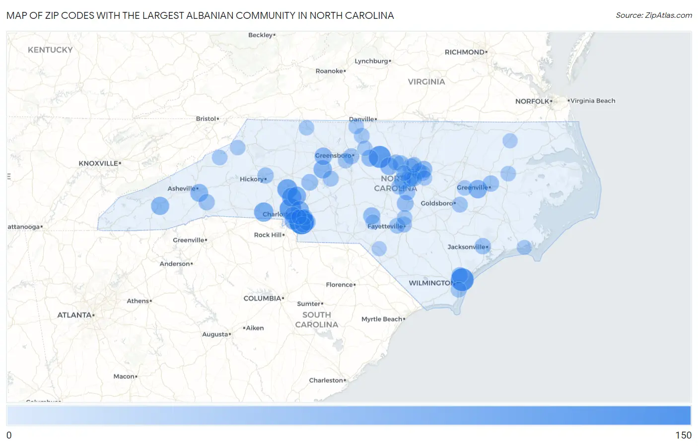 Zip Codes with the Largest Albanian Community in North Carolina Map