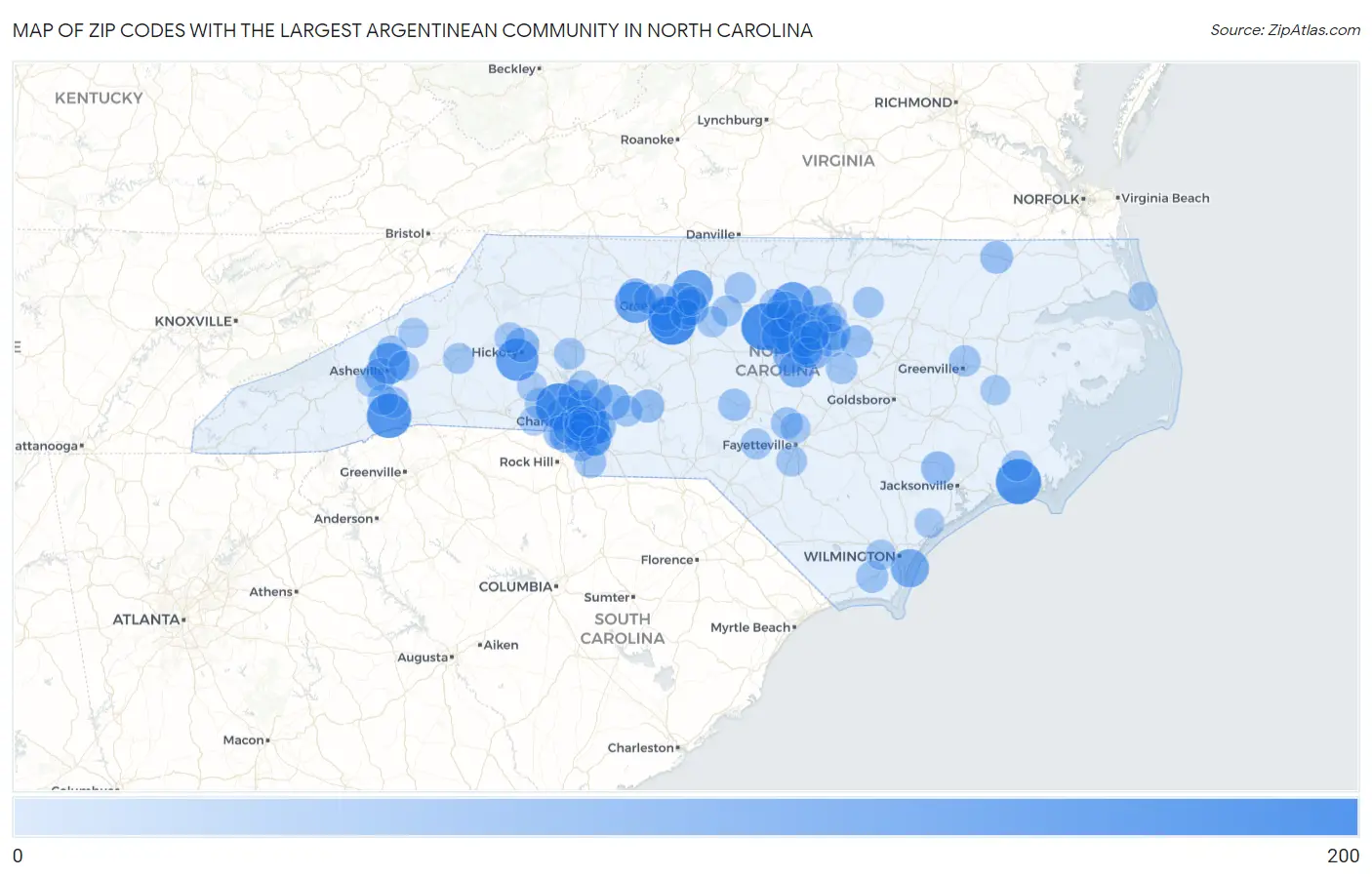 Zip Codes with the Largest Argentinean Community in North Carolina Map
