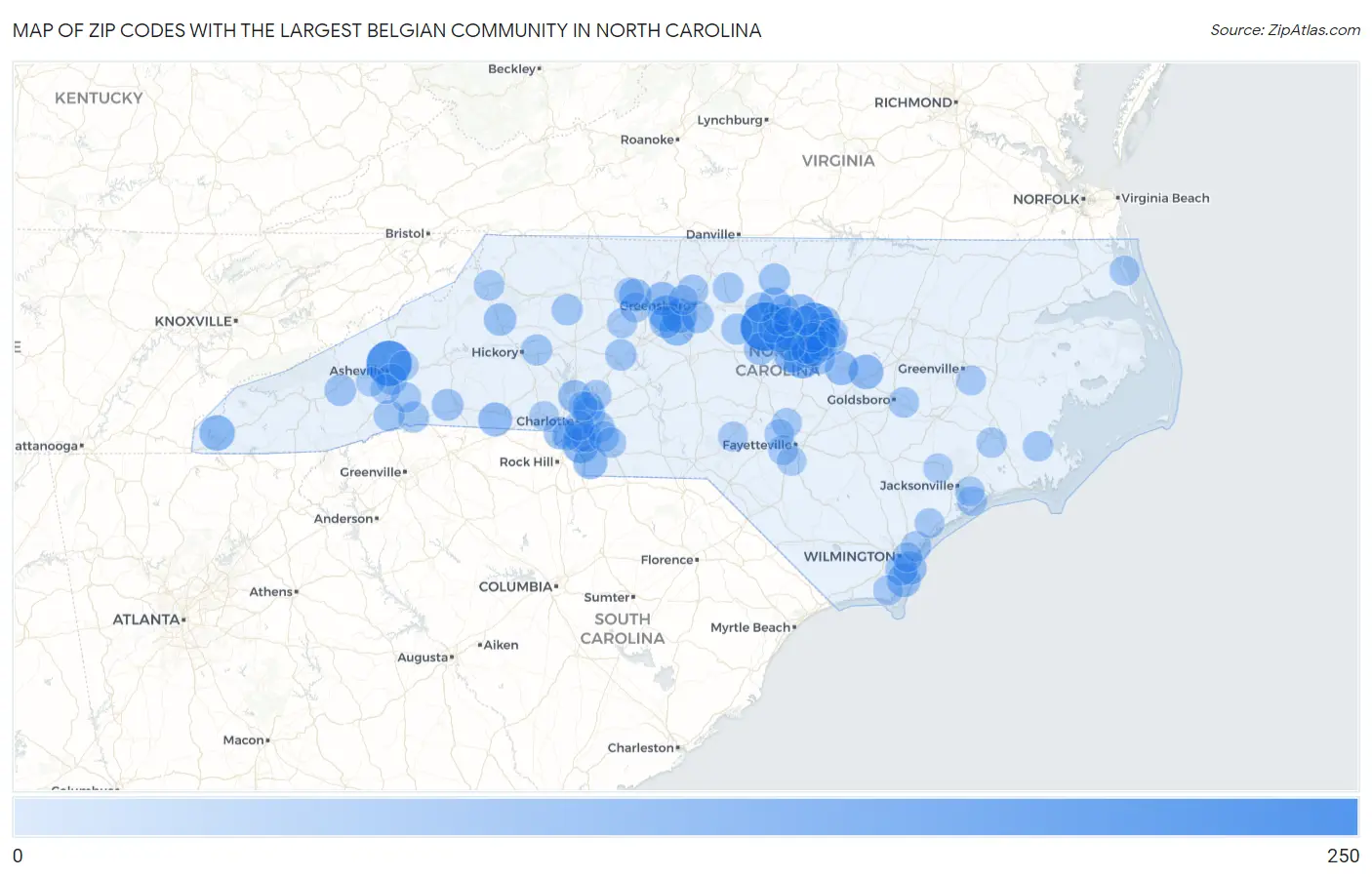 Zip Codes with the Largest Belgian Community in North Carolina Map