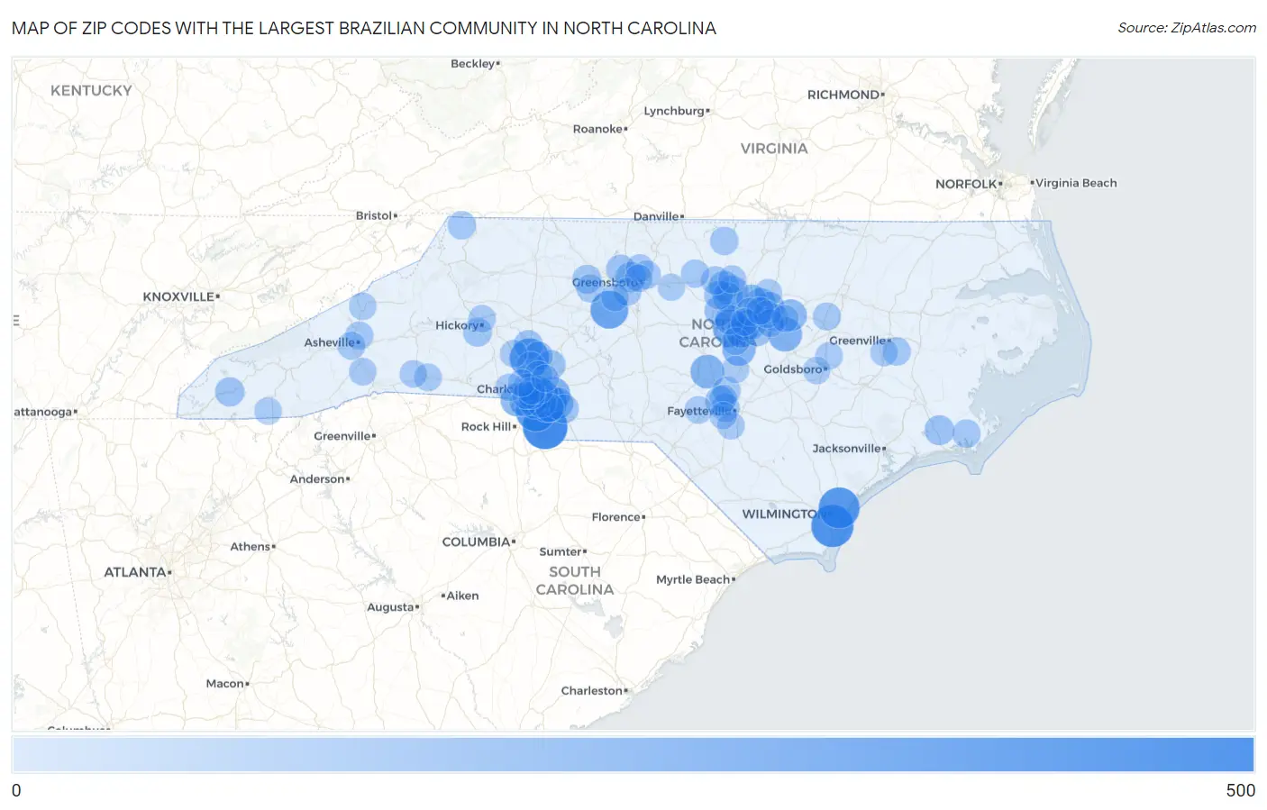 Zip Codes with the Largest Brazilian Community in North Carolina Map