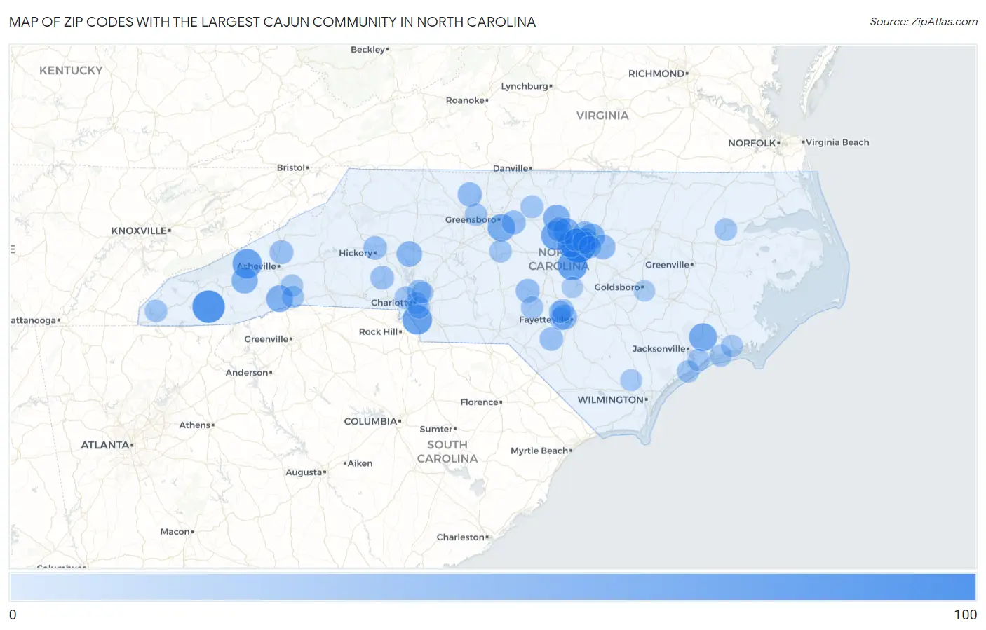 Zip Codes with the Largest Cajun Community in North Carolina Map