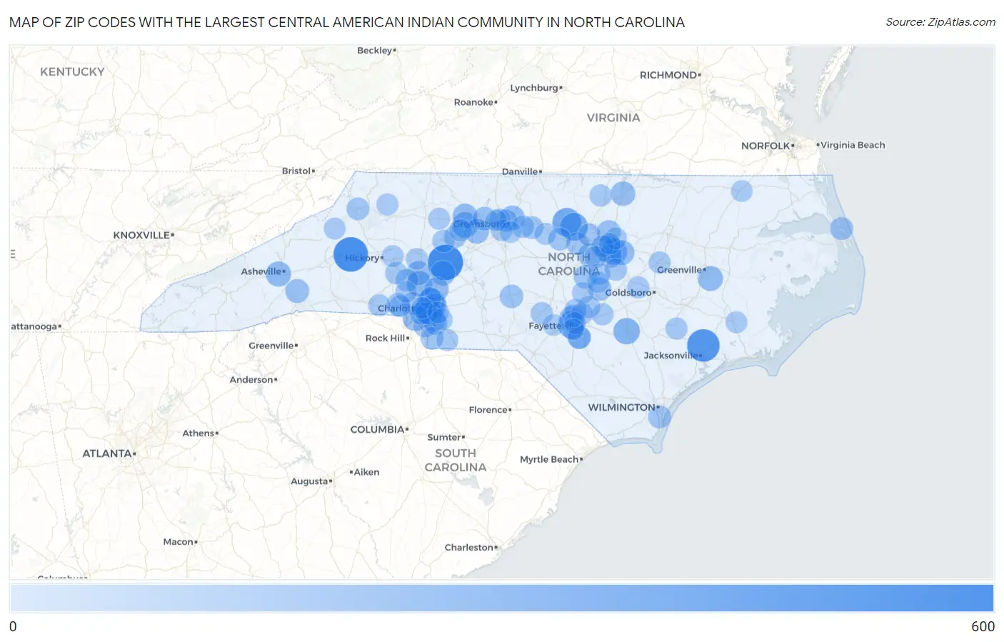 Zip Codes with the Largest Central American Indian Community in North Carolina Map