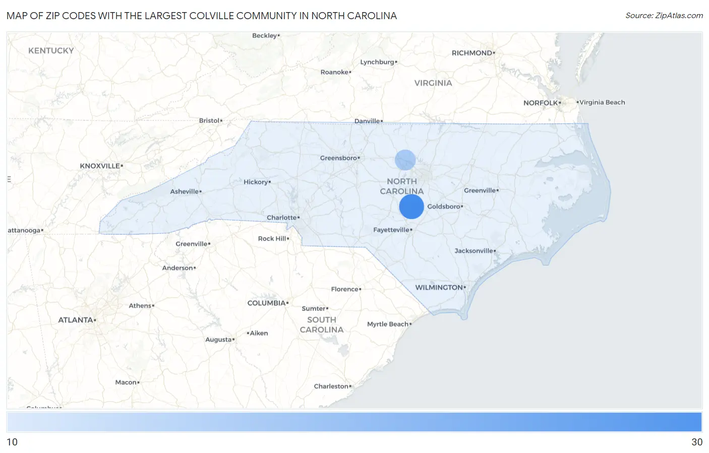 Zip Codes with the Largest Colville Community in North Carolina Map