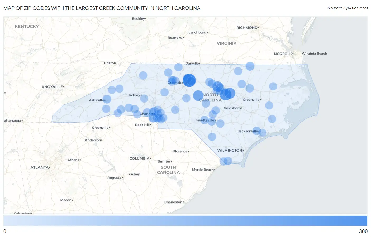 Zip Codes with the Largest Creek Community in North Carolina Map