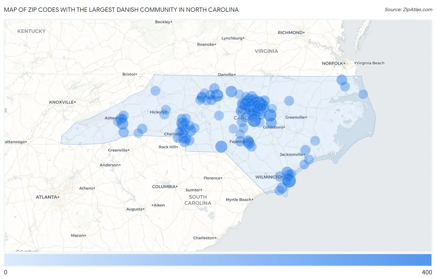 Zip Codes with the Largest Danish Community in North Carolina Map