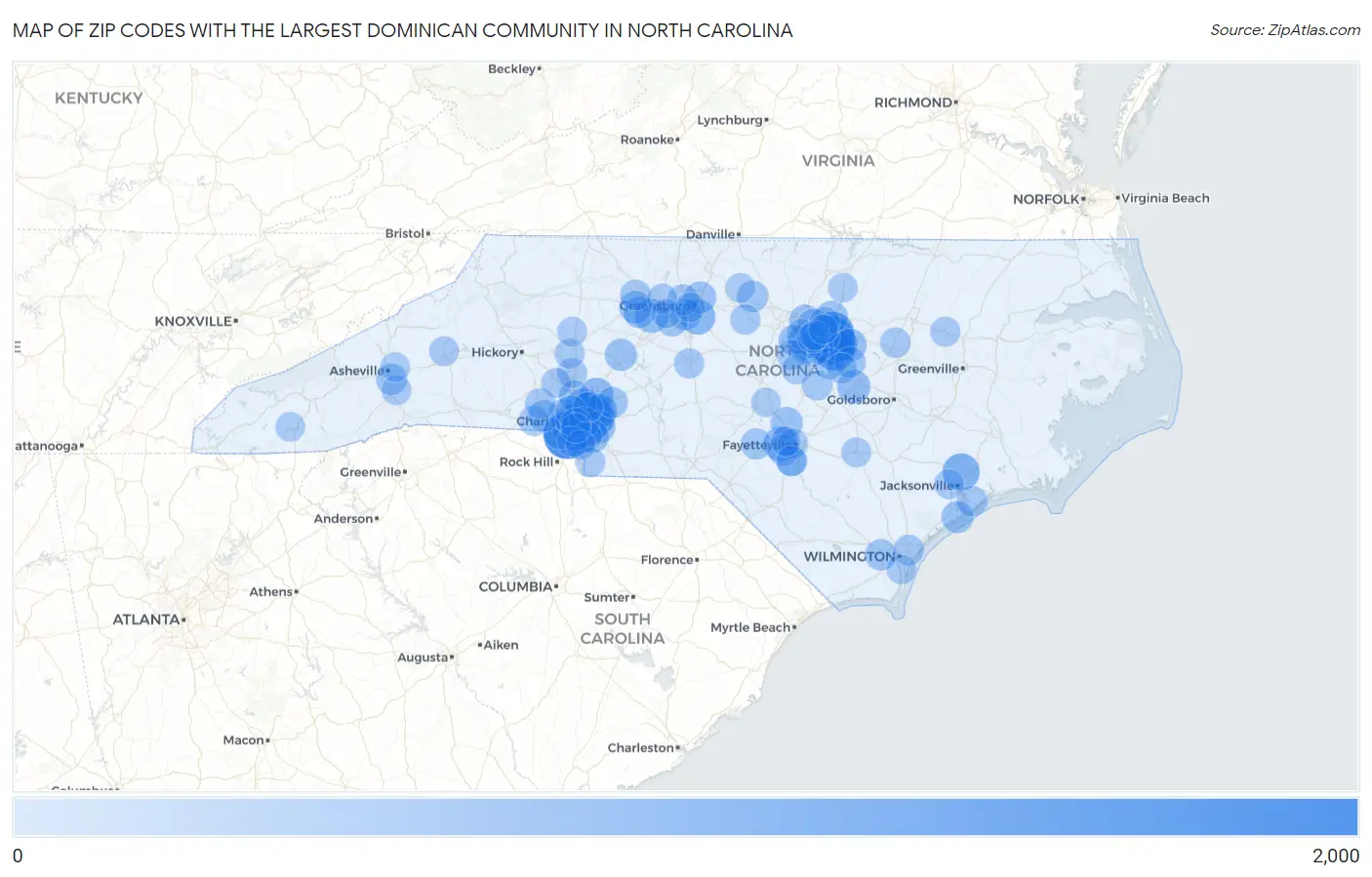 Zip Codes with the Largest Dominican Community in North Carolina Map