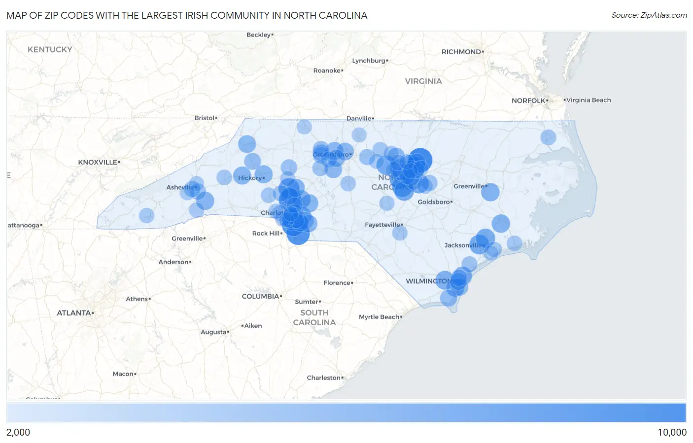 Zip Codes with the Largest Irish Community in North Carolina Map