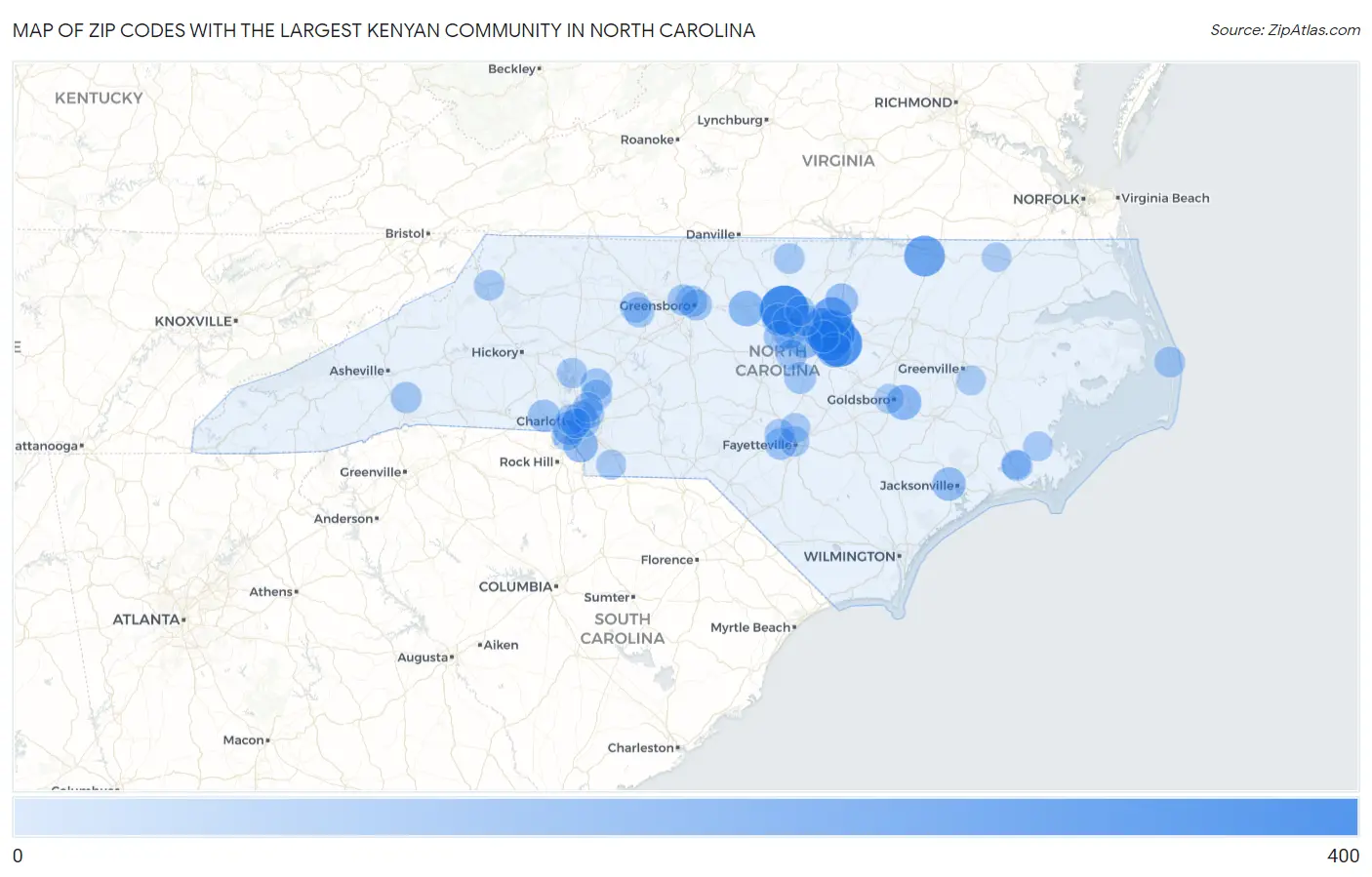 Zip Codes with the Largest Kenyan Community in North Carolina Map