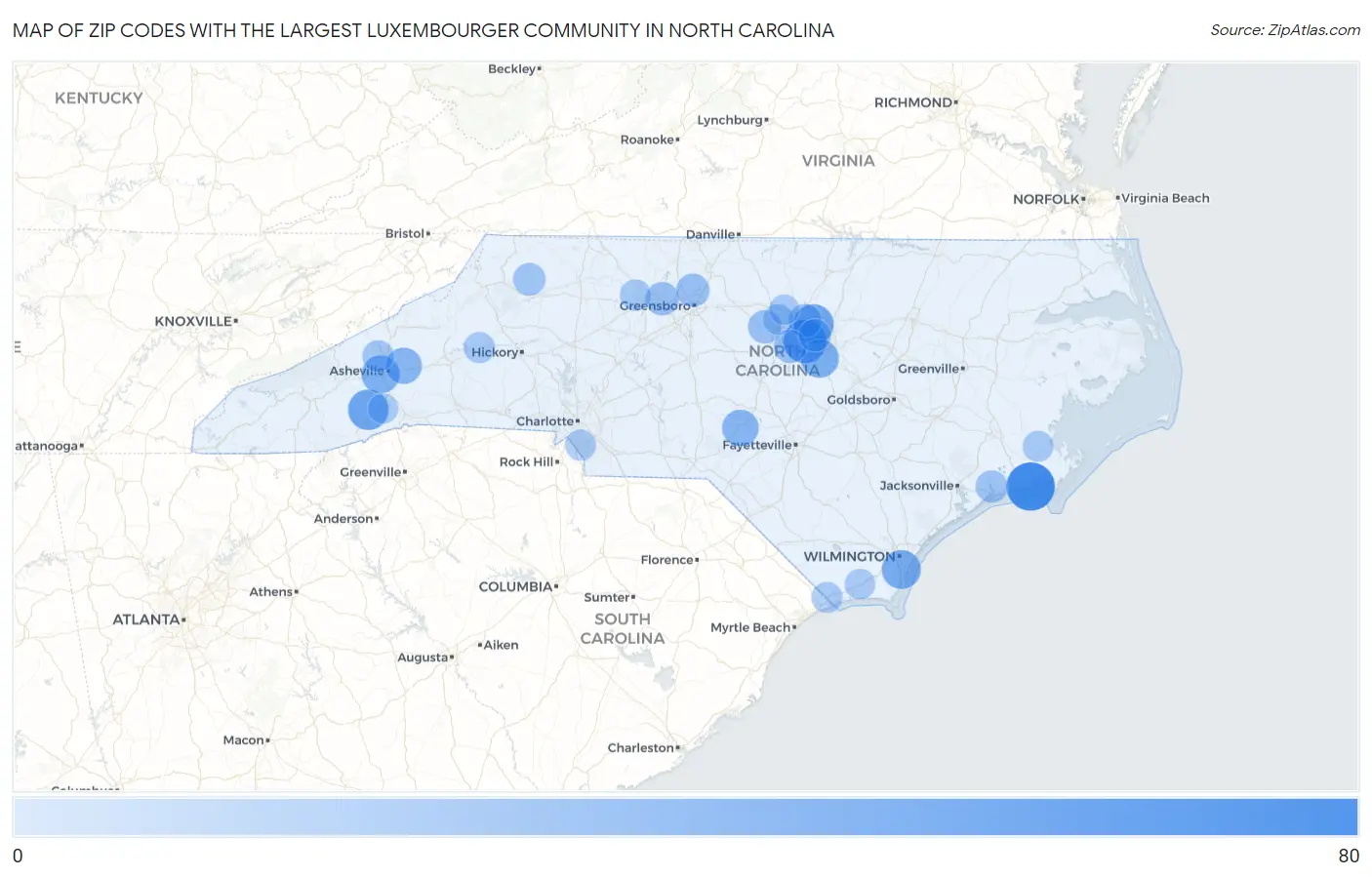 Zip Codes with the Largest Luxembourger Community in North Carolina Map