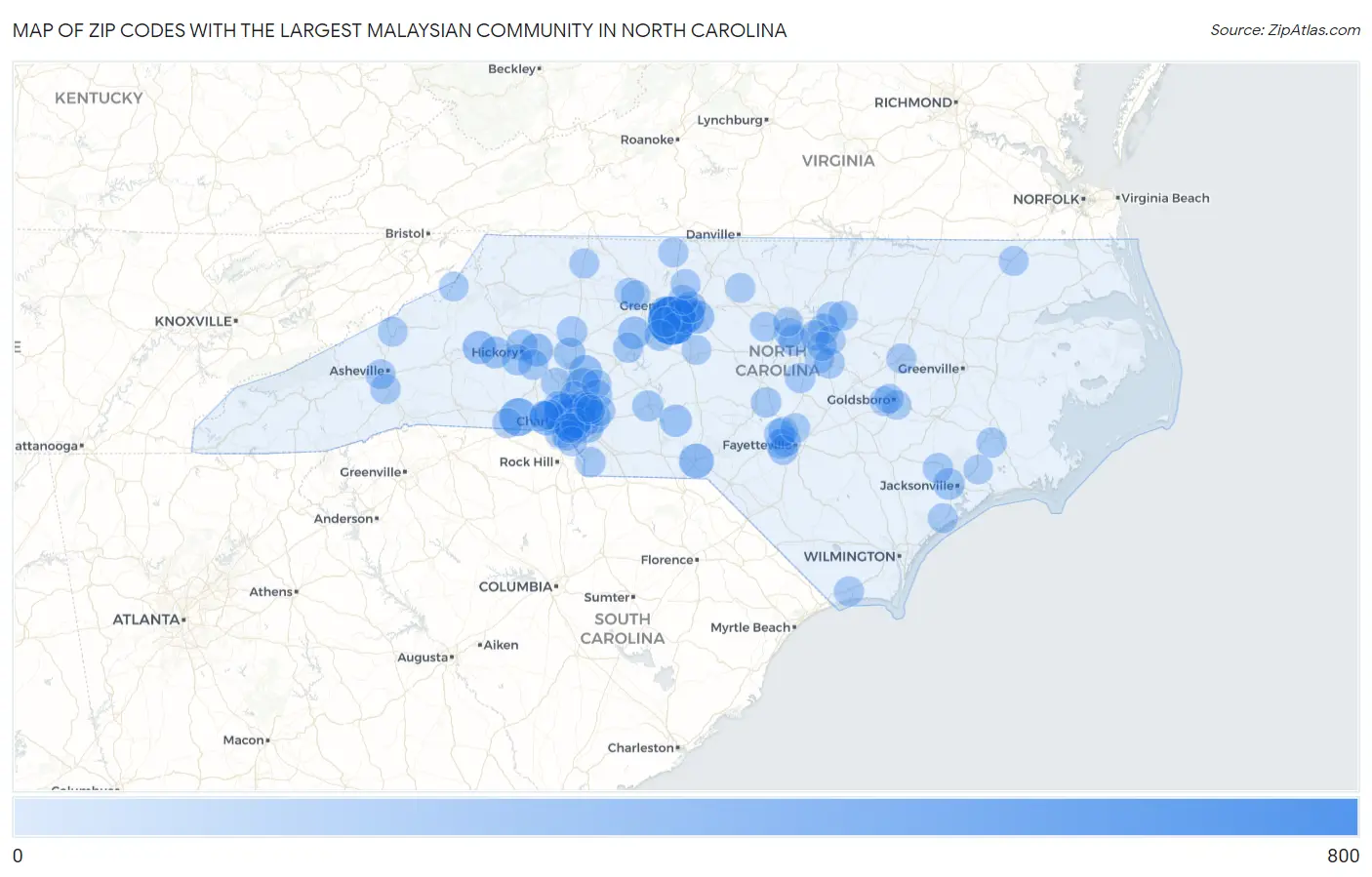 Zip Codes with the Largest Malaysian Community in North Carolina Map