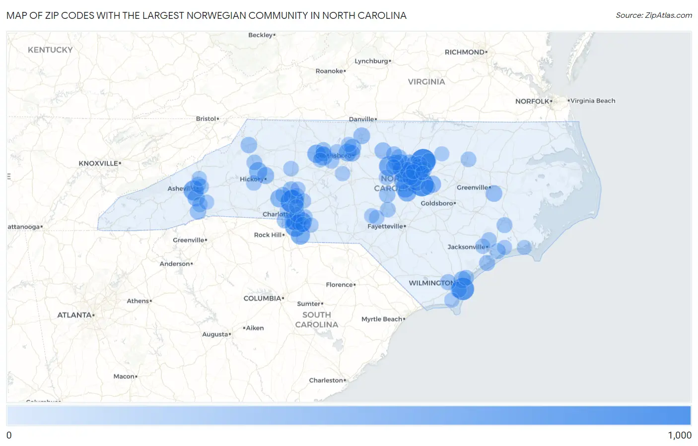 Zip Codes with the Largest Norwegian Community in North Carolina Map