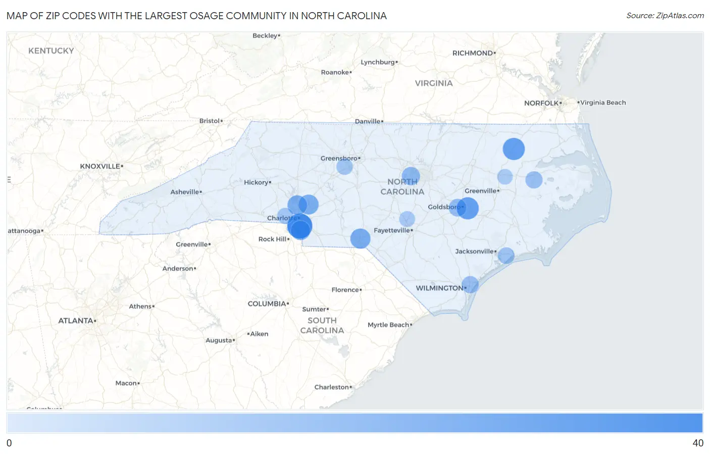 Zip Codes with the Largest Osage Community in North Carolina Map