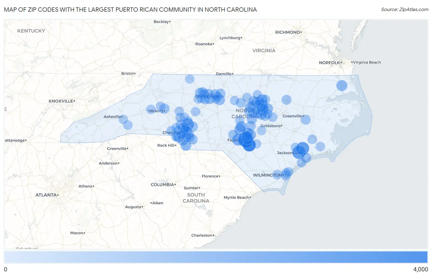 Zip Codes with the Largest Puerto Rican Community in North Carolina Map