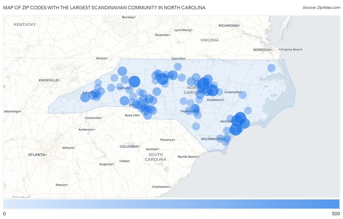 Zip Codes with the Largest Scandinavian Community in North Carolina Map