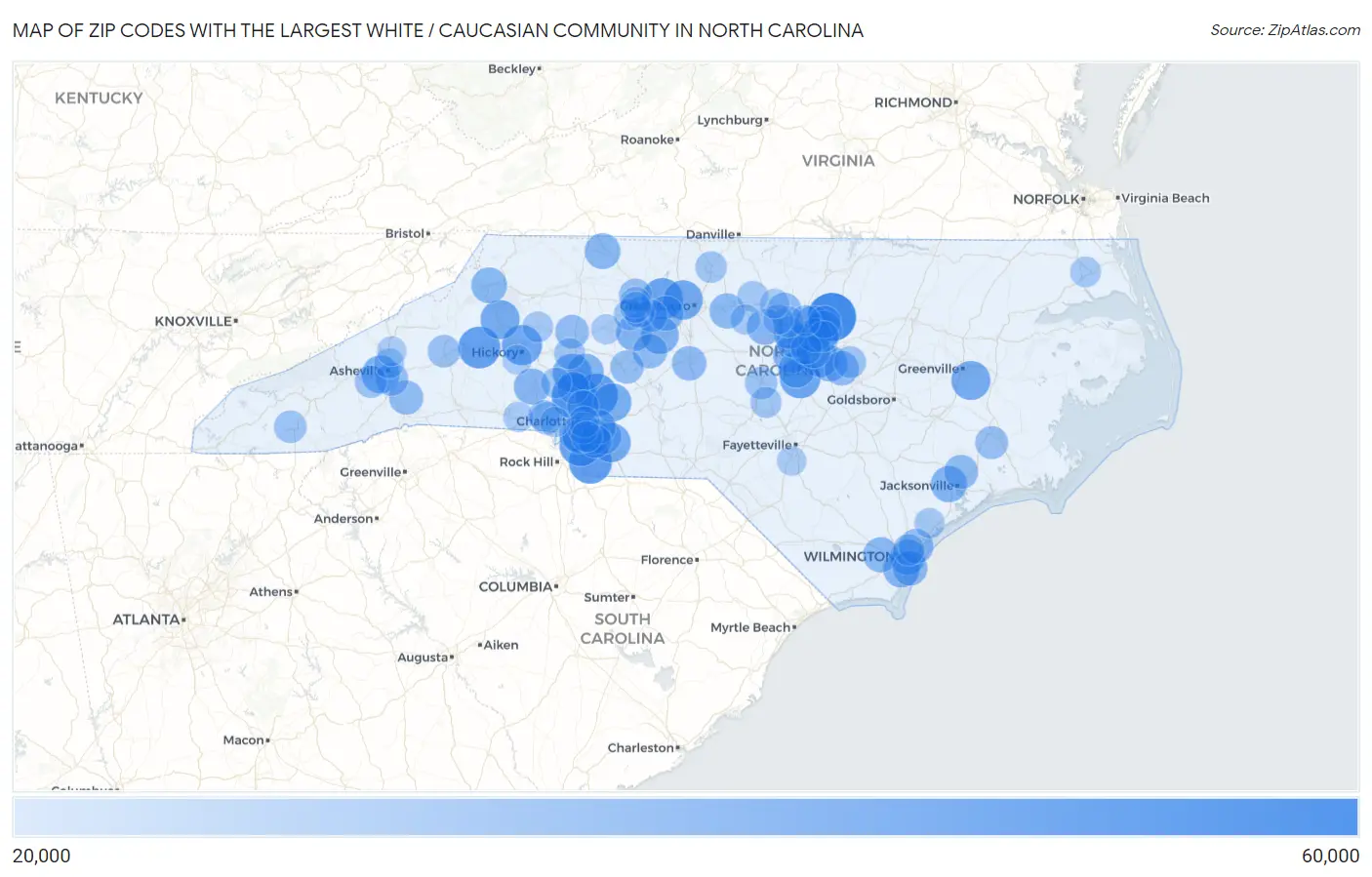 Zip Codes with the Largest White / Caucasian Community in North Carolina Map