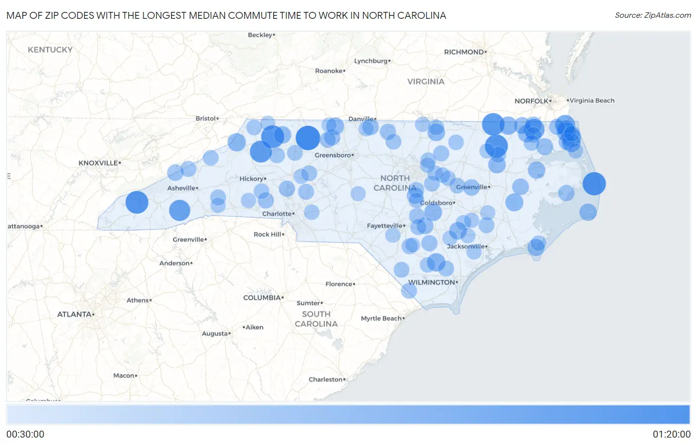 Zip Codes with the Longest Median Commute Time to Work in North Carolina Map