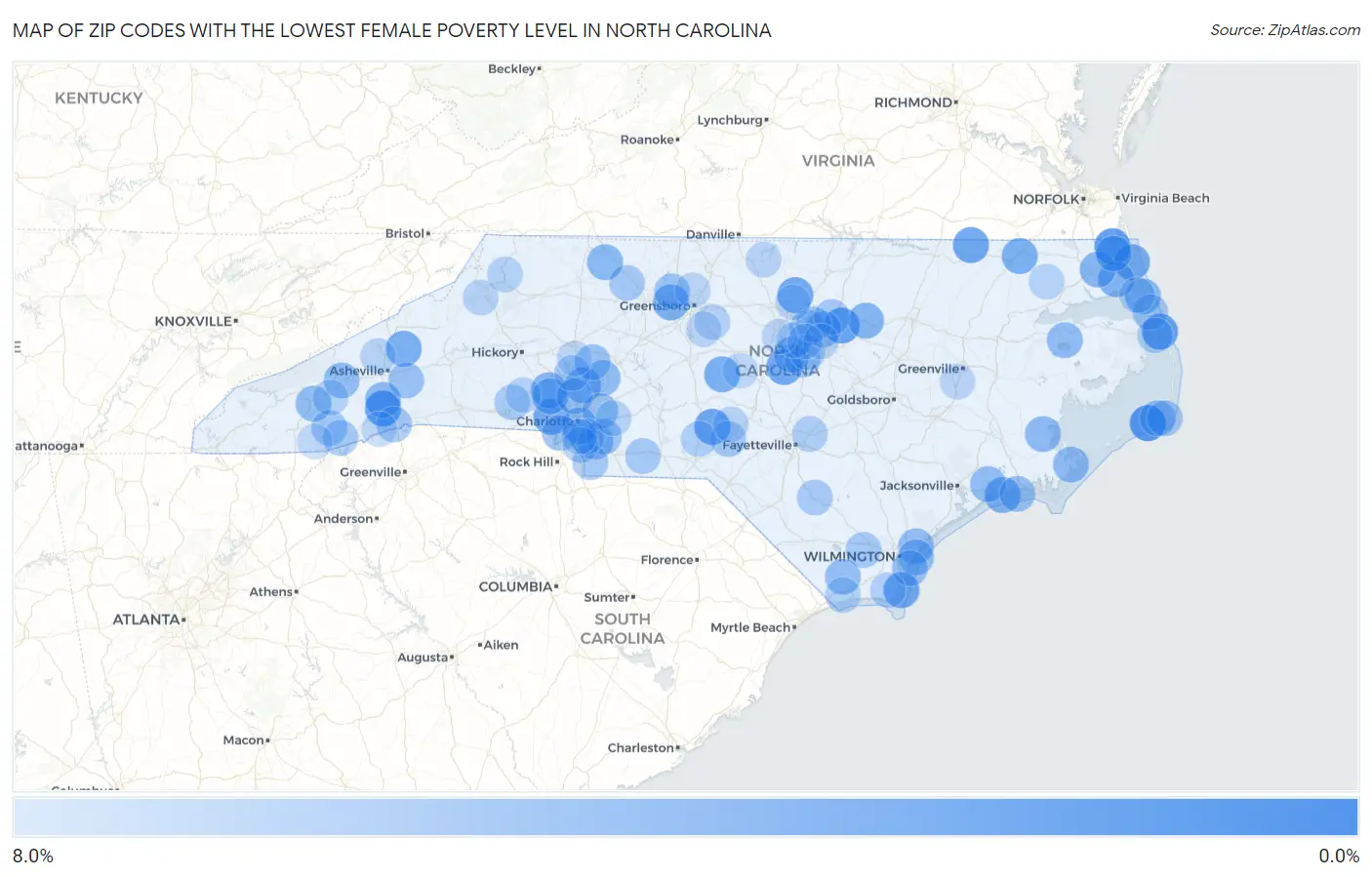 Zip Codes with the Lowest Female Poverty Level in North Carolina Map