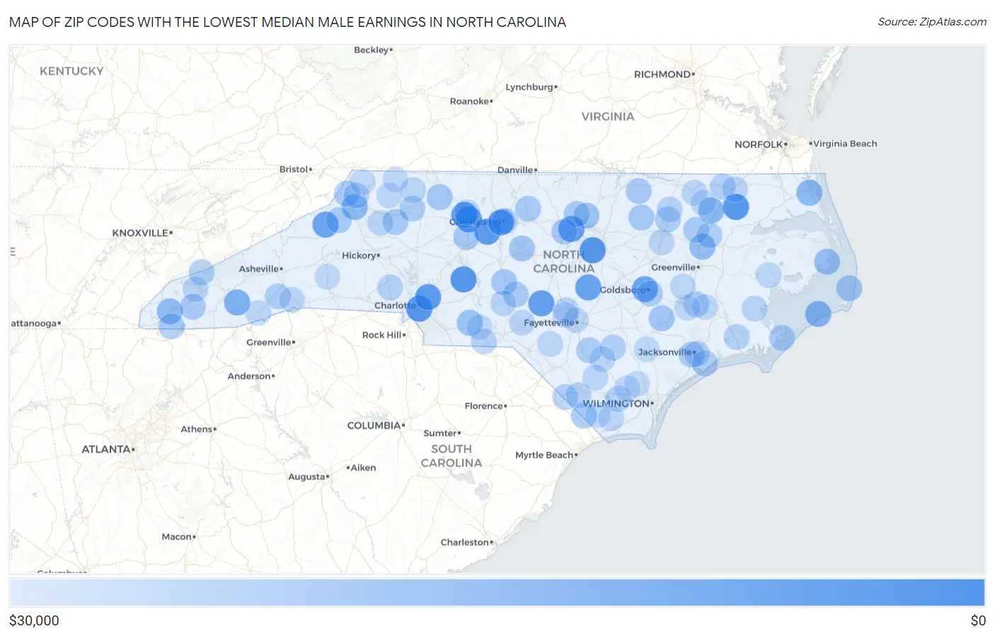 Zip Codes with the Lowest Median Male Earnings in North Carolina Map
