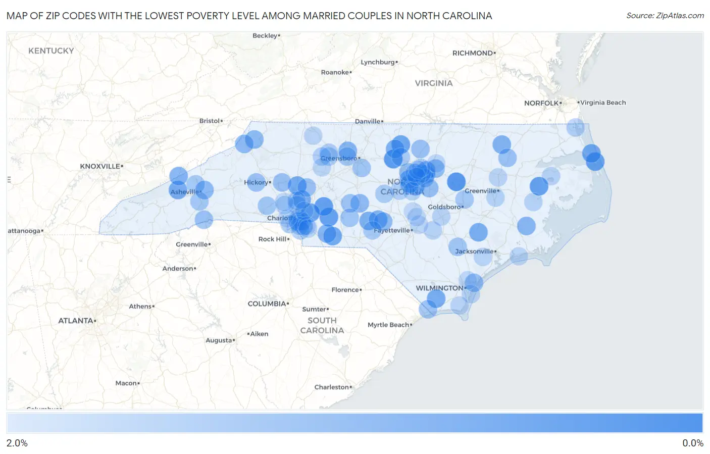Zip Codes with the Lowest Poverty Level Among Married Couples in North Carolina Map