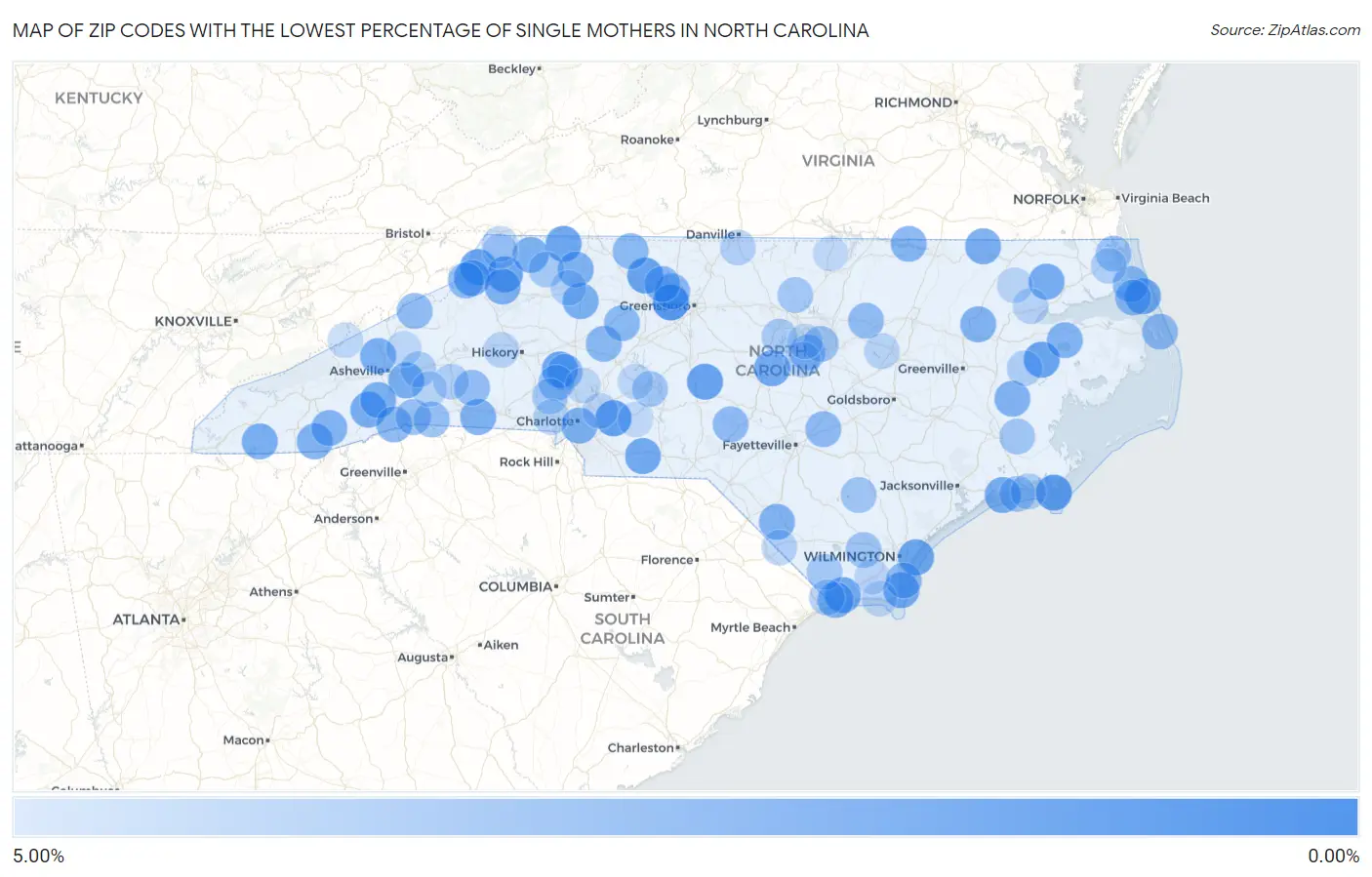 Zip Codes with the Lowest Percentage of Single Mothers in North Carolina Map