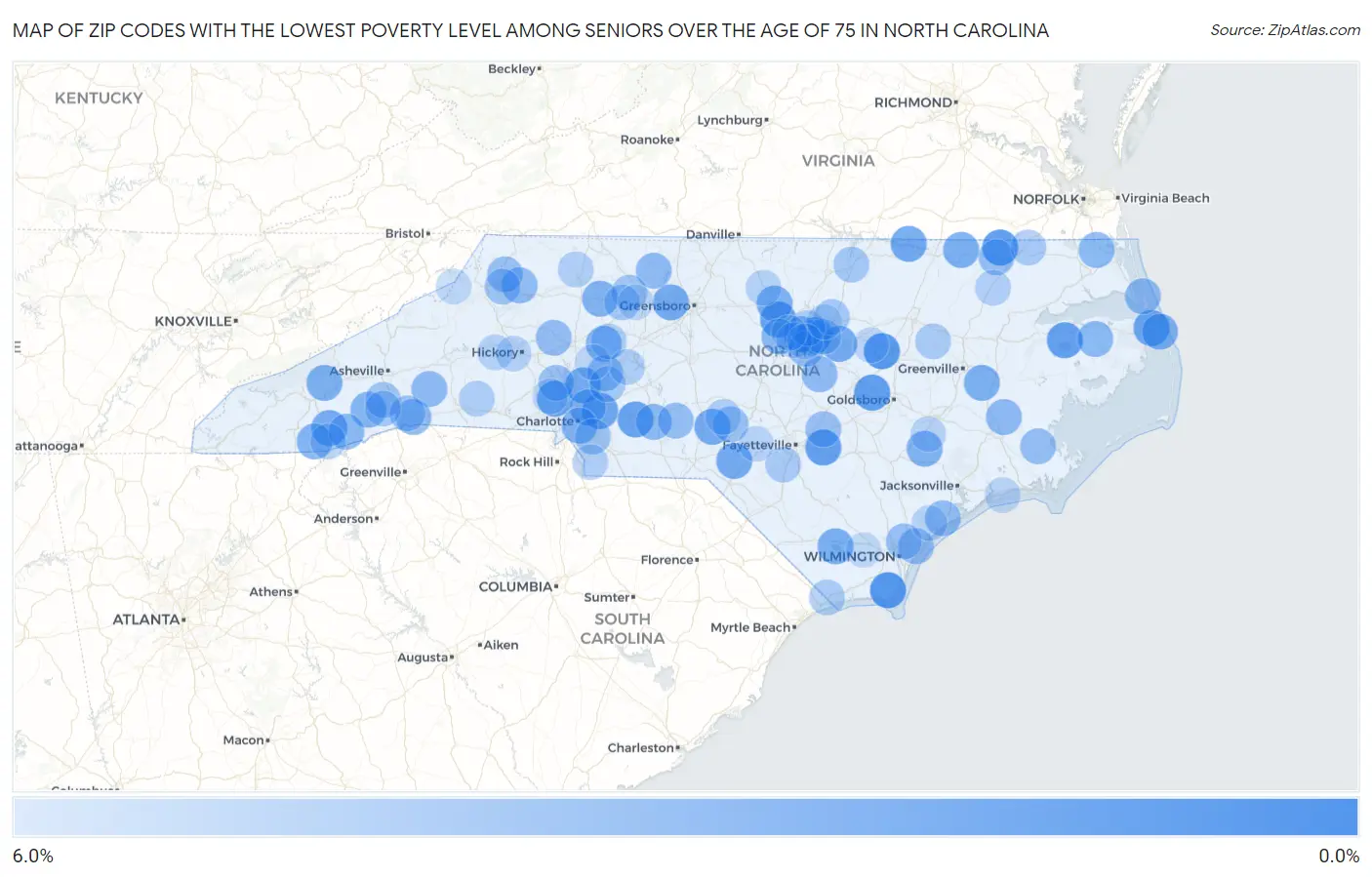 Zip Codes with the Lowest Poverty Level Among Seniors Over the Age of 75 in North Carolina Map