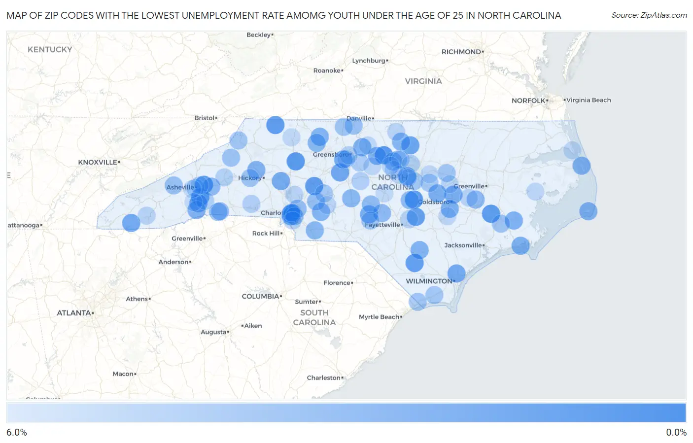 Zip Codes with the Lowest Unemployment Rate Amomg Youth Under the Age of 25 in North Carolina Map
