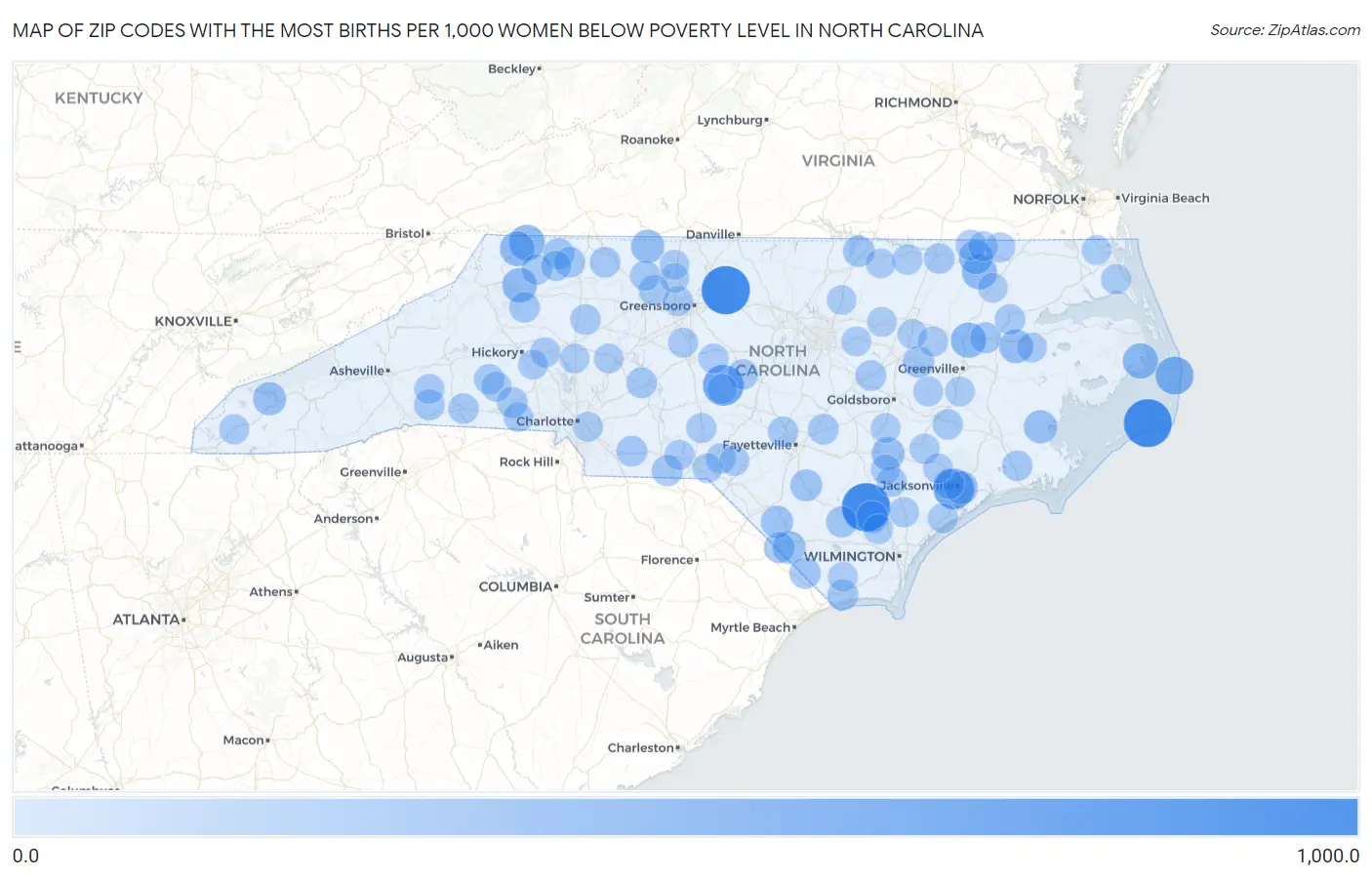 Zip Codes with the Most Births per 1,000 Women Below Poverty Level in North Carolina Map