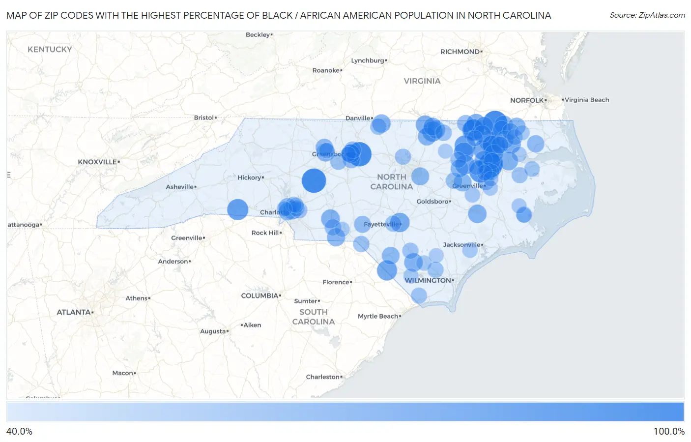 Zip Codes with the Highest Percentage of Black / African American Population in North Carolina Map