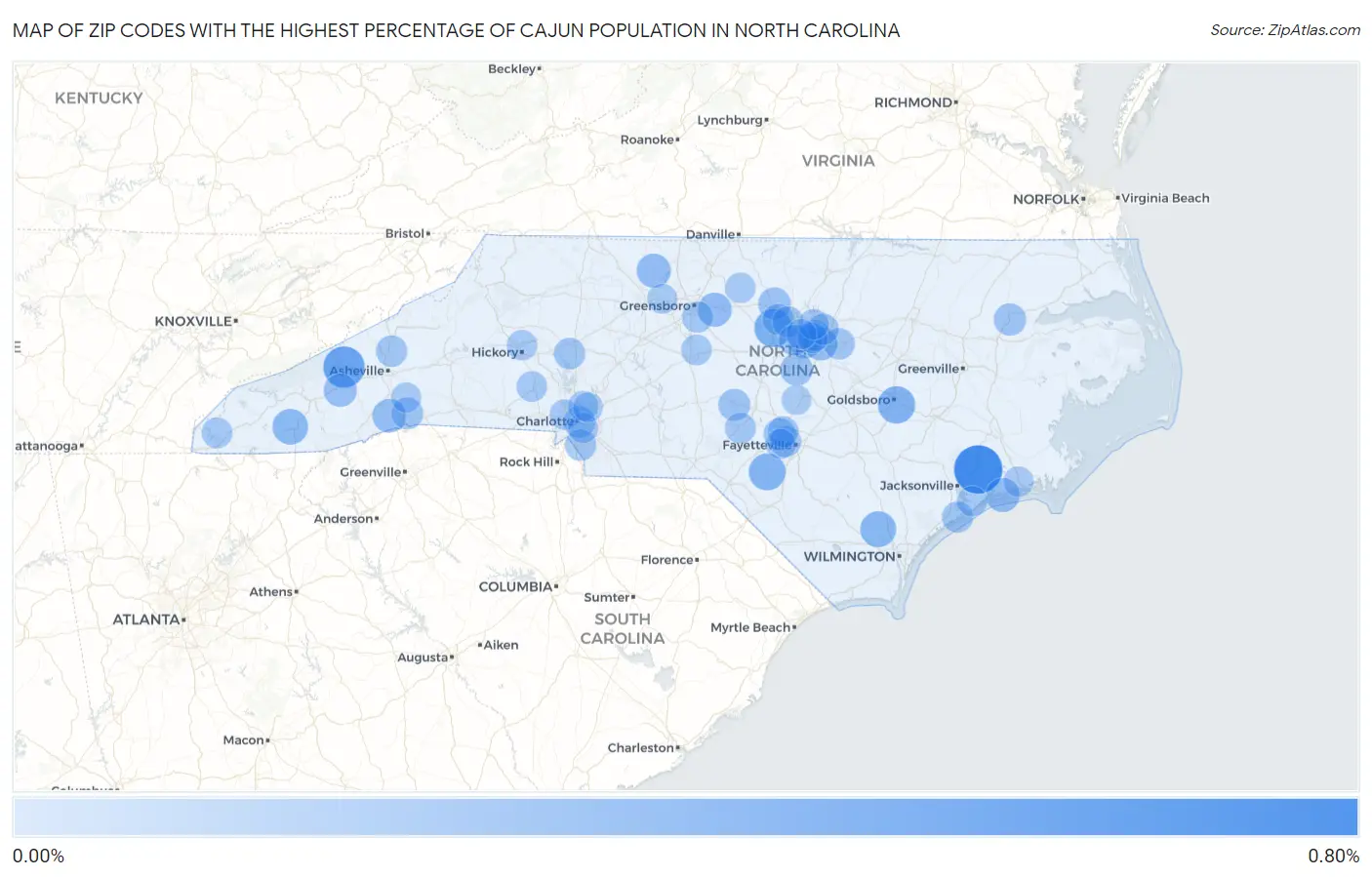 Zip Codes with the Highest Percentage of Cajun Population in North Carolina Map
